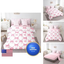Feelyou 7 Pieces Pink Bow Comforter Set Queen Size Kids Girls Teen Women