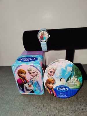 DISNEY FROZEN ANNA & ELSA  WATCH IN TIN + 2 RIBBONS-UNTESTED NEEDS BATTERY