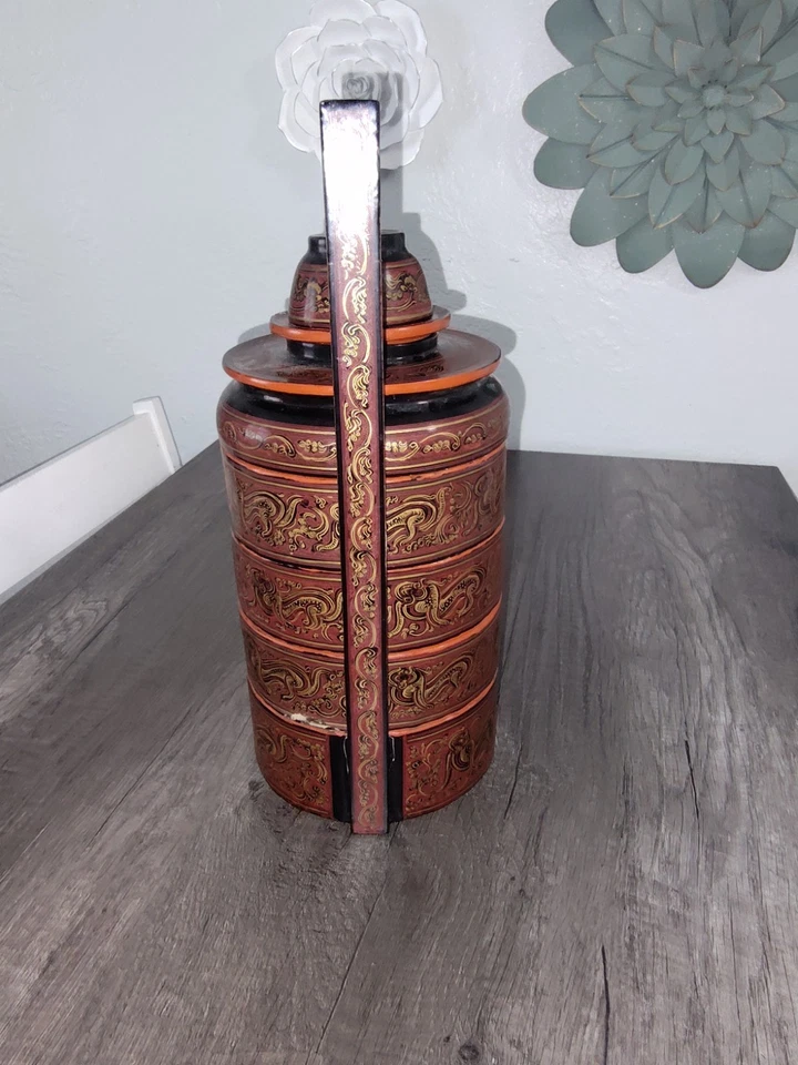 Antigua caja de comida birmana de laca marrón Tiffin 4 niveles, tapa/plato, taza de té, mango Foto 3 de 4