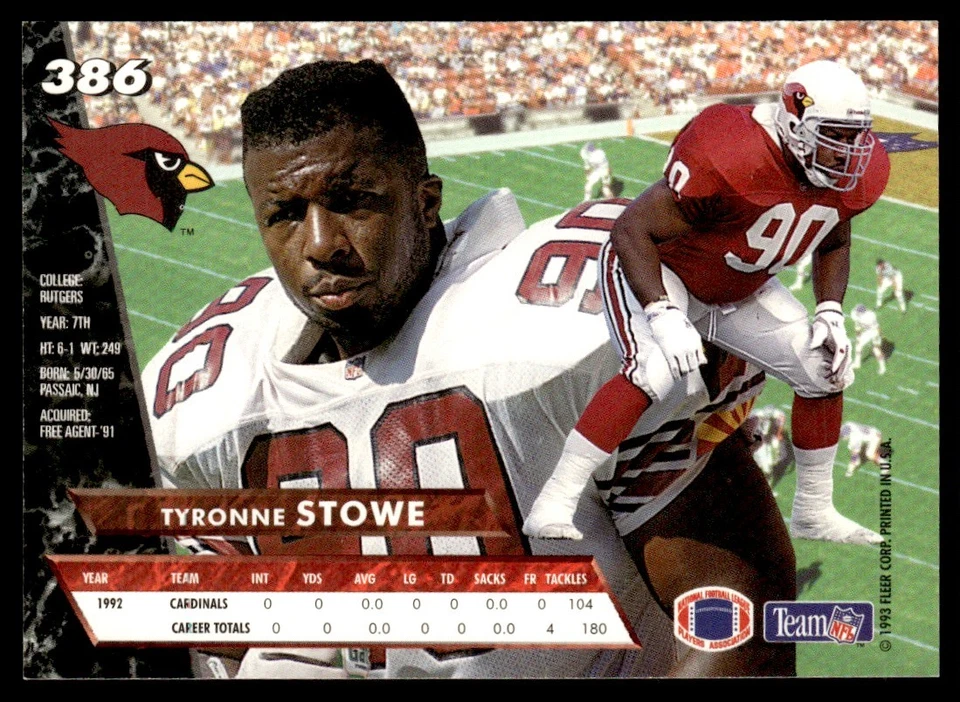 1993 Ultra Tyronne Stowe Phoenix Cardinals #386 - Image 2 of 2