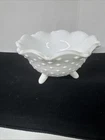 Vintage White Milk Glass, 3 Footed Ruffled Hobnail Bowl Candy Dish 6”  3524