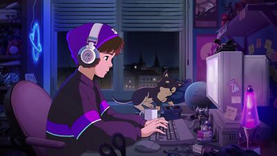 Anime lofigirl lofi neon lofiboy purple blue lava lamp Play Gaming Mat Desk