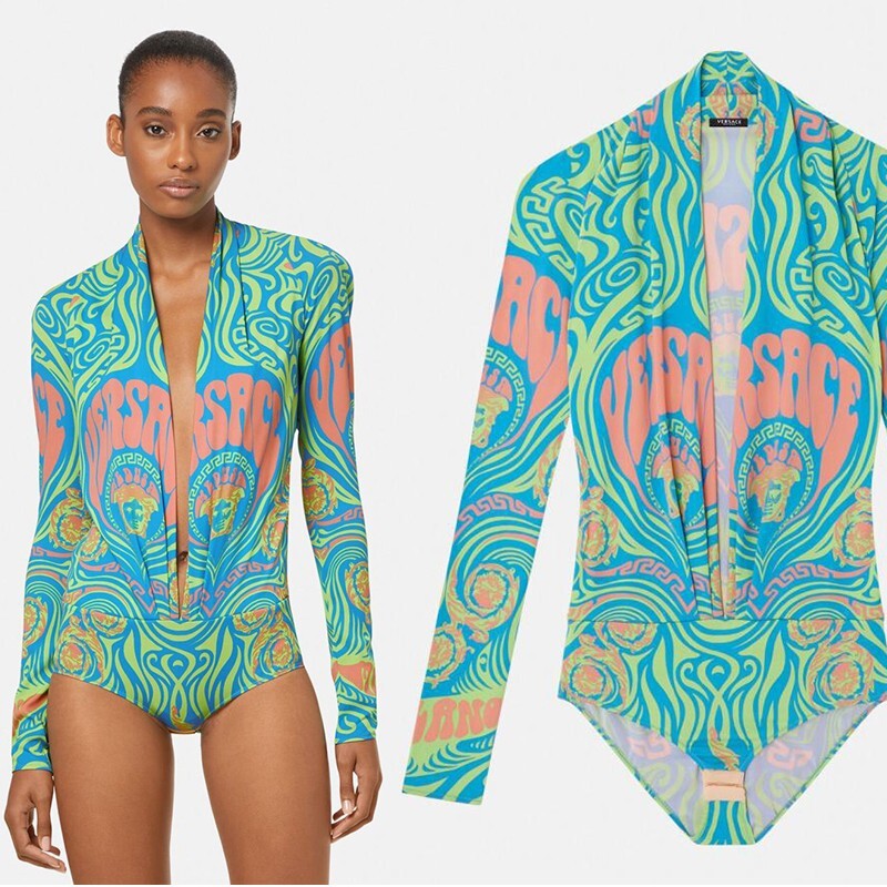 38 XS NEW $1125 VERSACE Blue Medusa Logo Music Long Sleeve