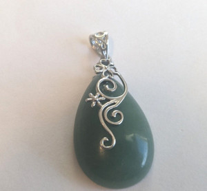 Green  Aventurine Pear Cut Pendant with Flowery Bail,Silver Rhodium Plating20x30