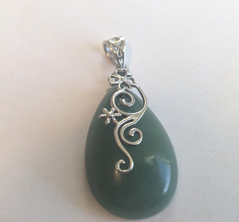 Green  Aventurine Pear Cut Pendant with Flowery Bail,Silver Rhodium Plating20x30