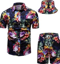 TUNEVUSE Mens Hawaiian Shirt and Shorts Set 3 Piece Set Tropical Outfit Size 2XL