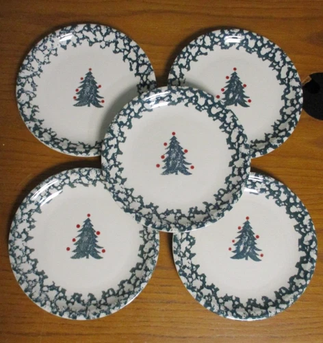 5- Folk Craft by Tienshan, Winter Wonderland Spongeware Lunch Plates - 7.5"