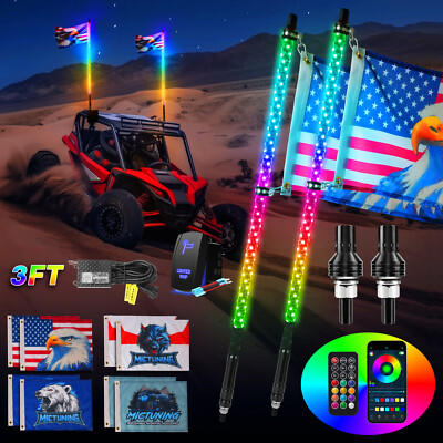 2pcs 3FT/4FT LED Whip Lights RGB+IC Chasing Spiral Antenna Whips for ATV UTV RZR