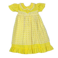 Vintage 60s Infant Baby Doll Dress 3-6 mo Yellow Lace Overlay Buttons Tie Waist