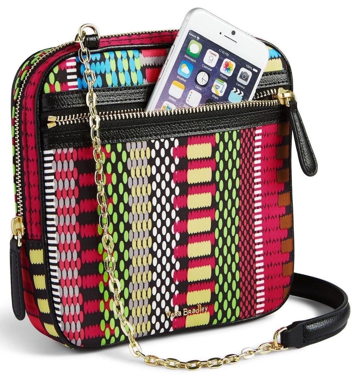 Сумка через плечо Vera Bradley с принтом и отделкой из черной кожи с золотой цепочкой 7 x 7