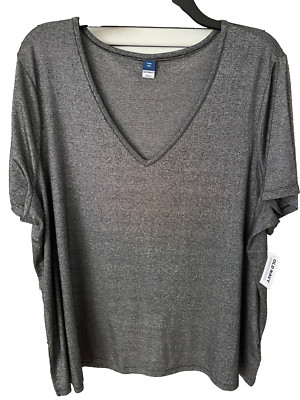 NWT Old Navy Women's Size XXL Silver w/Metallic Threads V-Neck Rayon Stretch Top