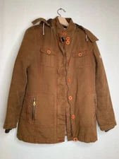 Michel Klein Womens Jacket Coat Brown Buttons Hooded Mock Neck Pockets L
