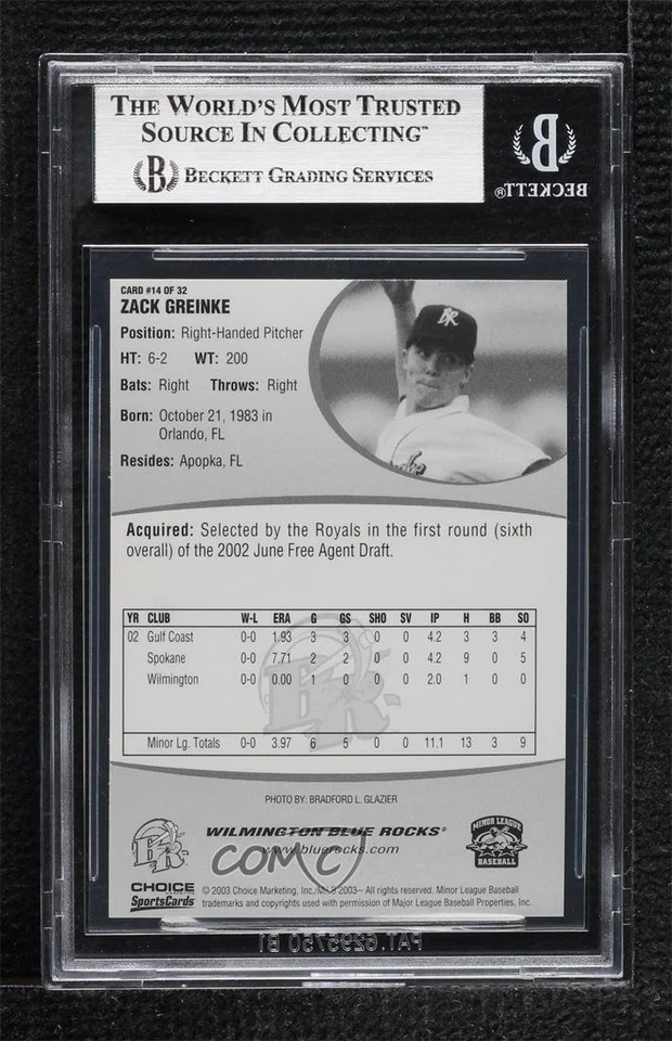 2003 Choice Wilmington Blue Rocks Zack Greinke #14 BGS 5 - Image 2 of 2