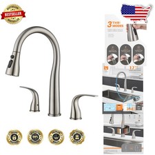 Elegant 3 Hole Kitchen Faucet Brushed Nickel High Arc Pull Down Sprayer 3 Mode