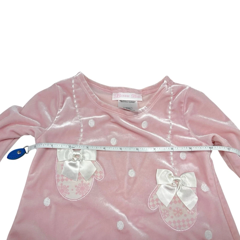 Bonnie Baby Girl's  24 Month Velvet Dress Pink Mitten Print White Bows Ruffle - Image 2 of 4