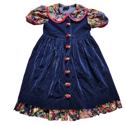 Vintage 80s 90s Jo Lene Blue Velvet Dress w/Rosettes Girl's Size 6
