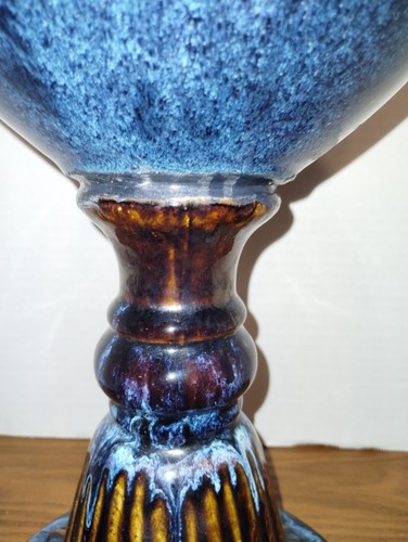 Vtg Large Cobalt Blue And Brown Drip Glazed Stoneware Fluted Base Urn 21" Tall - Picture 5 of 24