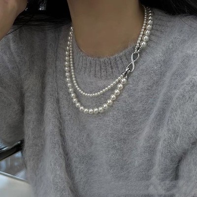 Elegante Perlenkette Zweireihig Weiß Collier Perlen Schmuck Hochzeit Geschenk