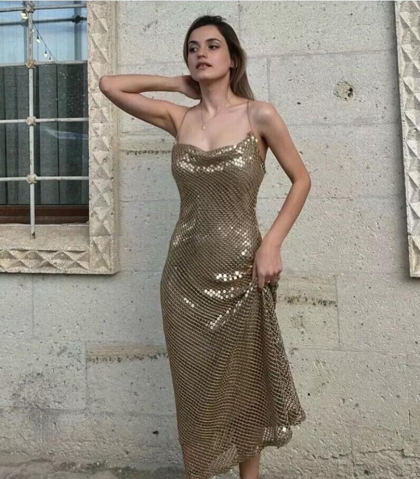 Zara Mesh Slip Midi Dress Gold Metallic Size XS 9276/406 3527/481 New