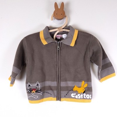 Catimini Zip Cardigan Kids 12M Gray Yellow Cat Bunny Embroidered Sweater