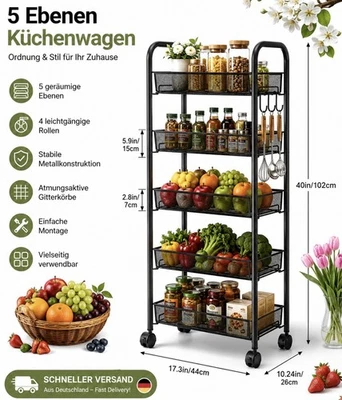 Küchenwagen Rollwagen Servierwagen 5 Ebenen mit Rollen Küchentrolle Gemüse Regal - Bild 1 von 4