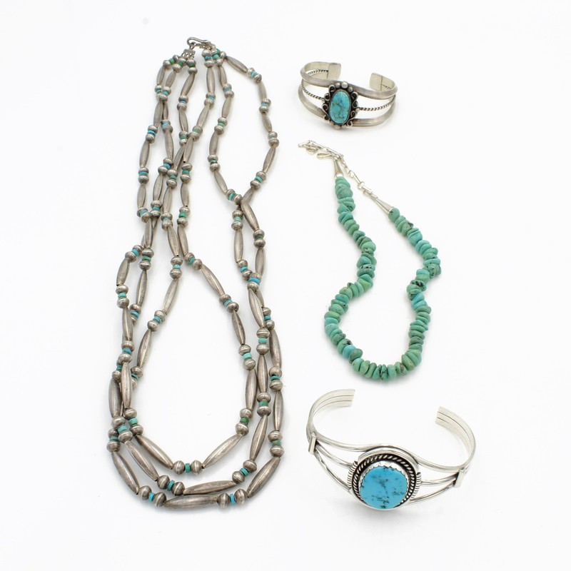 Southwest Sterling Turquoise Rope Twist Necklace Cuff Bracelet Lot of 4 #S5388-5