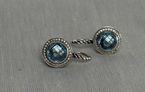 David Yurman  round Blue Topaz surrounded by diamonds, Cerise drop earrings - Picture 5 of 16