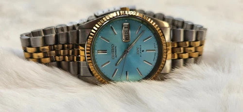 Vintage Seiko 5 Automatic Mens Watch Fluted Aqua Dial Day/Date 6309 Japan.