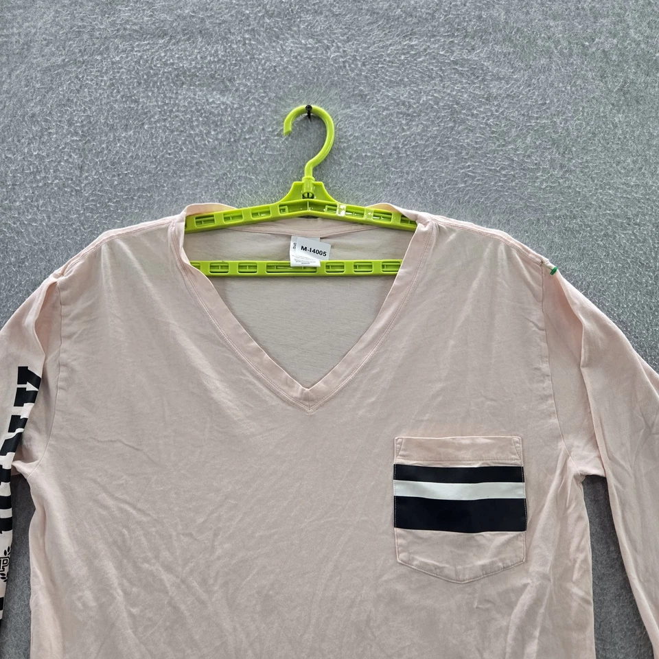 Camisa Victoria's Secret ROSA Mujer L Rayas Logo Cuello en V Pullover Bolsillo Campus Foto 3 de 4