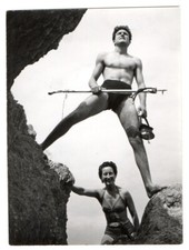 1960 Snapshot Photo - Handsome Man Harpoon Fishing - Couple Balance Rock Sea