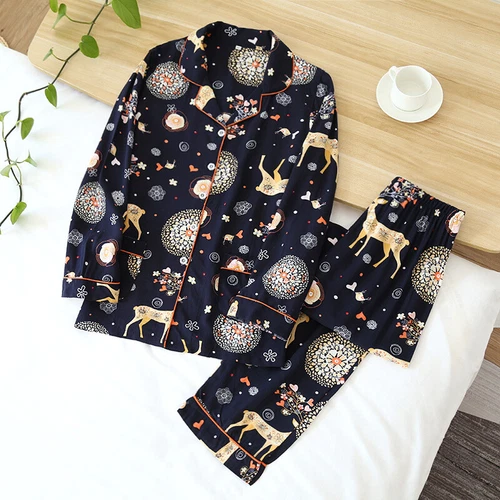2-teiliges Homewear Damen Baumwolle Pyjama Set Druck Shirt & Hose Nachtwäsche Nachtwäsche - Bild 5 von 35