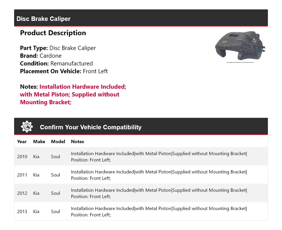 Pinza de freno de disco delantera izquierda cardone 2011 2012 para Kia Soul 2010-2013 Foto 2 de 4