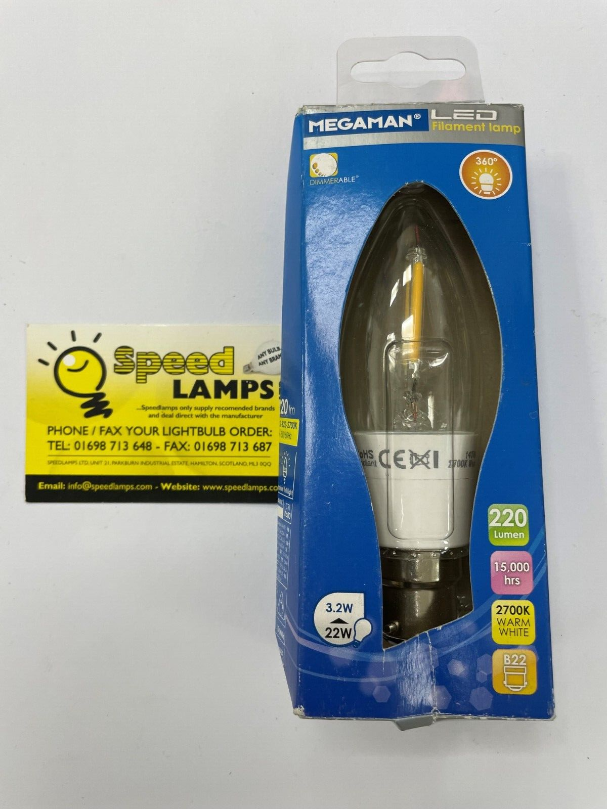 LED FILAMENT CANDLE DIMMABLE 3.2W = 22w B22 2700K MEGAMAN MM05768