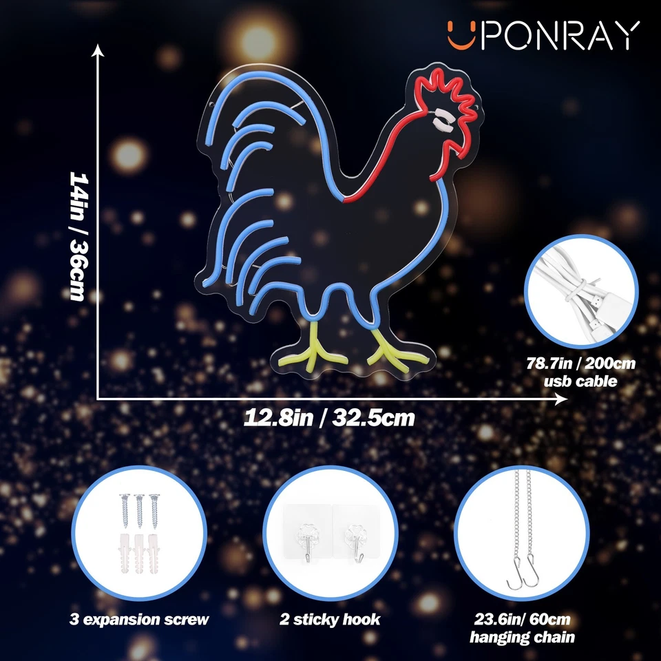 Letrero LED de neón de gallo: 33X36CM colorido decoración de pared para cumpleaños, fiesta, regalos Foto 2 de 4