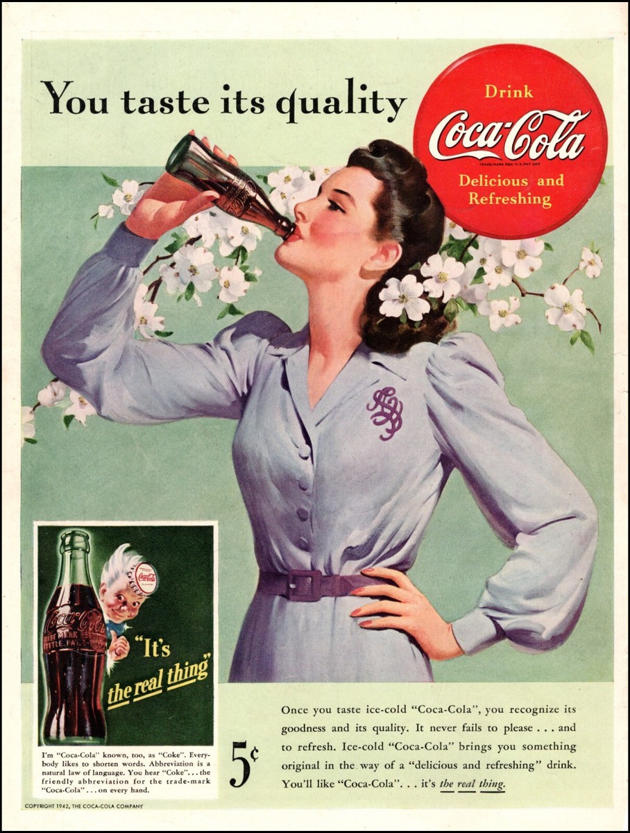 1942 WW2 era Ad for COCA COLA , Art Lovely '40s ' Lady pauses to