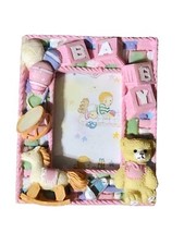 Vintage Resin BABY Photo Frame Teddy Bear Blocks Horse Drum Pin 2  X 3  3D Pink