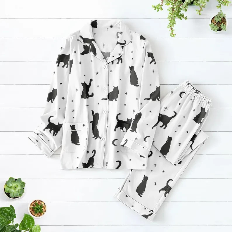 Unisex Black Cat Pajama Set Long Sleeve Button Top & Pants S-5XL Sleepwear