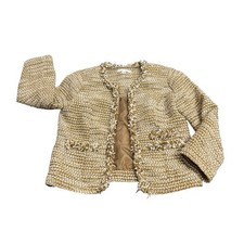 CAbi Blazer Womens XS Beige Gold Tweed Fringe Collarless Ladies Jacket Classic