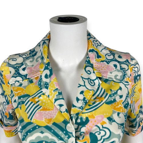 Bronson of California Women's VTG 1970s Tie Front Poly Knit MOD Koi Fish Top - Picture 2 of 12