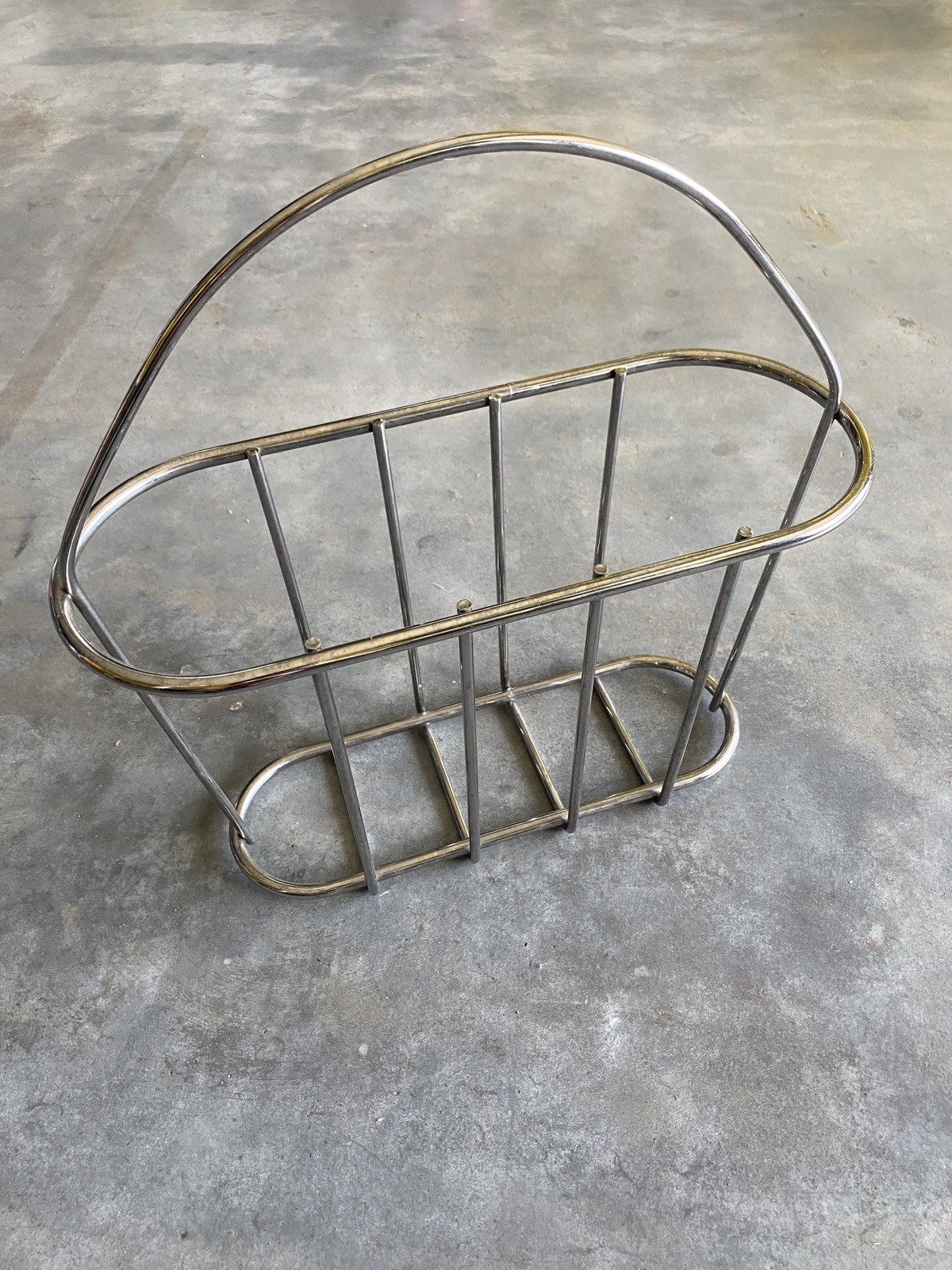 Vtg MCM Tubular Polished Steel Minimal Metal Magazine Rack Holder Home Decor