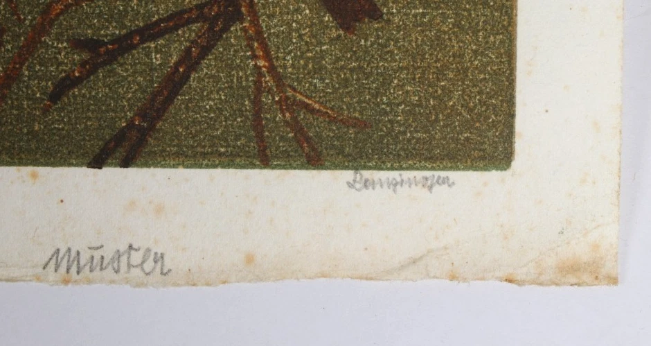 RUDOLF LANZINGER ~ Rotkehlchen Vogel Holzschnitt signiert Südtirol woodcut - Bild 4 von 4