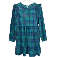 Cat & Jack Girls Plaid Tiered Ruffle Long-Sleeve Dress Green Blue XL (14)