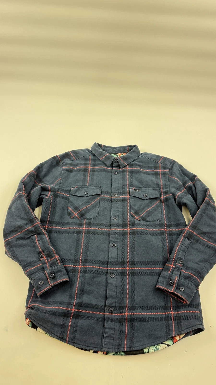 RVCA Jacket Mens Medium Blue Plaid Quilted Flannel Tropical Lined Warm FENRYVI