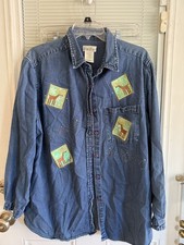 Vntg Bobbie Brooks Denim Christmas Shirt Reindeer Patches Beaded Y2K Grandma 14W