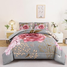 Queen Size Pink Floral Comforter Set with Pillowcases