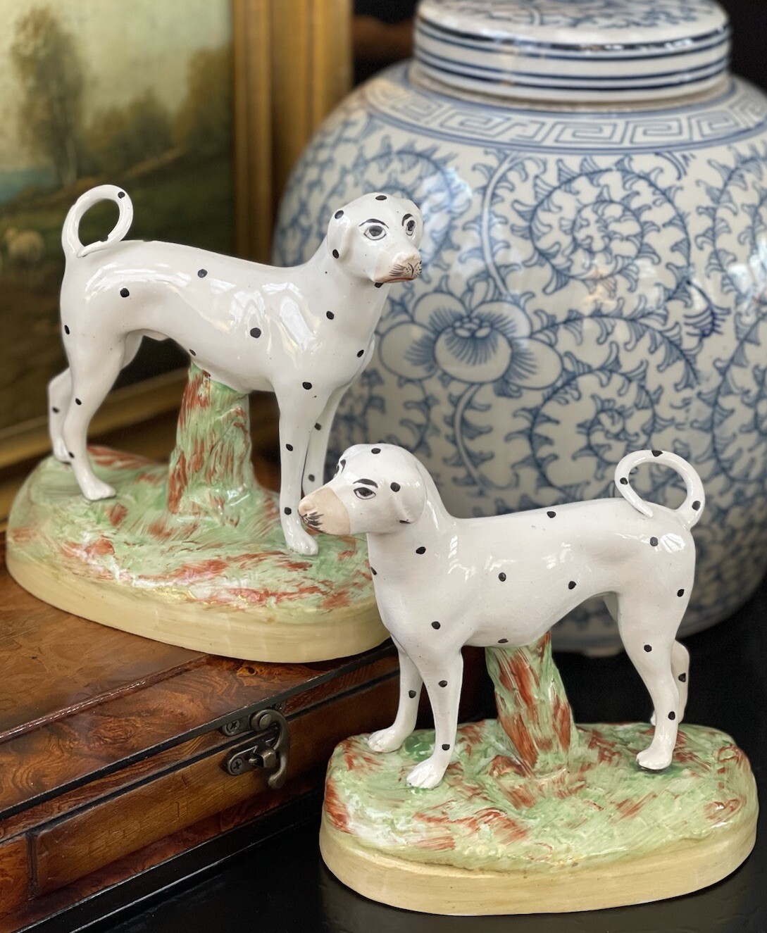Stunning Rare 19C English Staffordshire Dalmatian Fox Hunt Mantle Dog Pair 6”