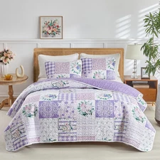 3 Pieces Floral Quilt Set King, Patchwork Purple n Pink Flowers Design, Smooth