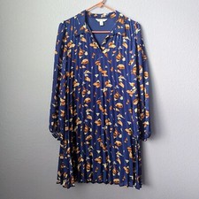 Women's Nine West Dress Midi Pleated with Collar Long Sleeve Royal Blue Pattern