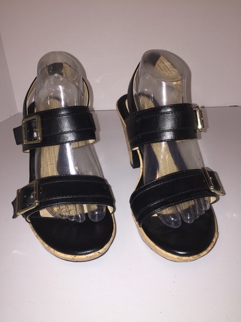 Jaclyn Smith Womens Slingback Cork Heel Sandals Black Buckle Strappy 40743 10 M | eBay