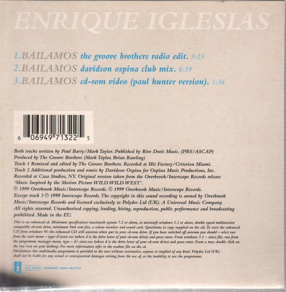 Enrique Iglesias Bailamos CD Europe Interscope 1999 groove brothers